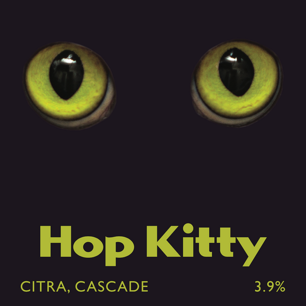Pump Clip Graphic of XT Brewing Co Animal Hop Kitty beer black background with 2 large green cat eyes and the text Hop Kitty 3.9% Citra Cascade in green at the bottom