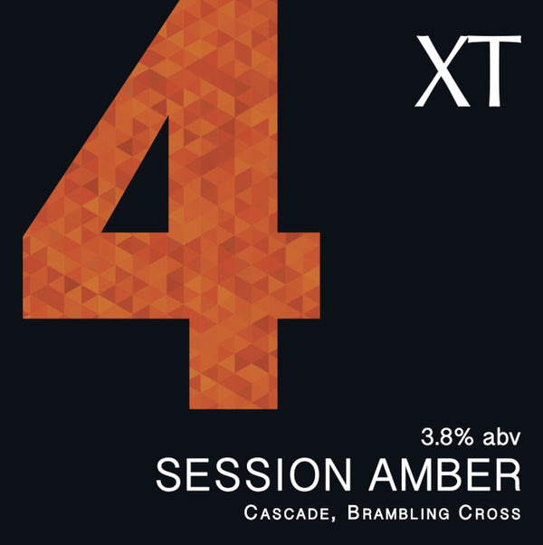 Pump Clip Graphic of XT Brewing Co XT4 Beer black background with a big deep orange number 4 and the text XT4 Session  Amber 3.8% ABV Cascade Brambling Cross at the bottom