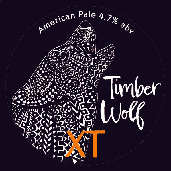 Pump Clip Graphic of XT Brewing Co XT Animal Timber Wolf Beer black background with a head of a white wolf howling towards the top of the image