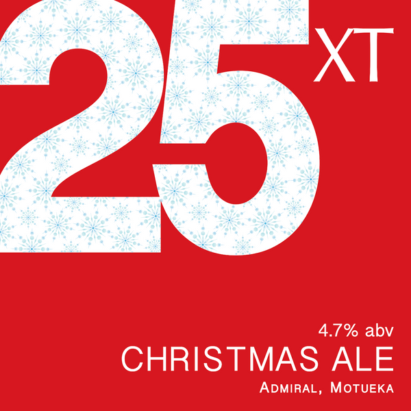XT Brewing Co's XT25 Christmas Ale Pumpclip a bright red background with the number 25 in white.