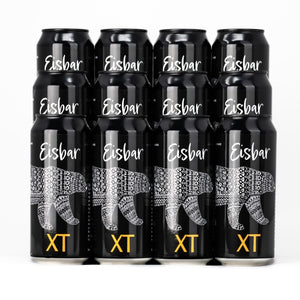 Photo of 12 black XT Brewing Co XT Eisbar Lager cans on a white background