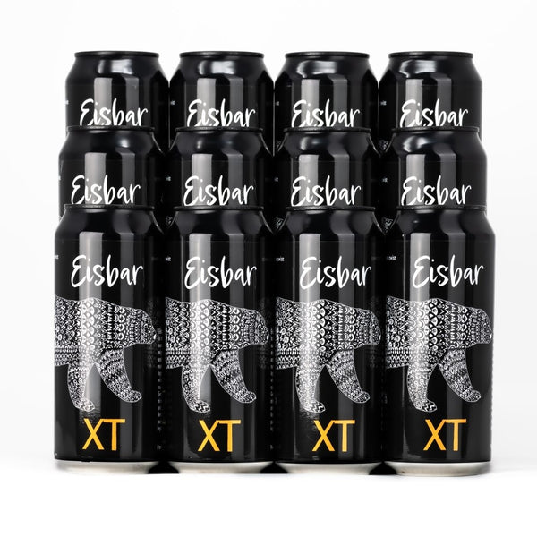 Photo of 12 black XT Brewing Co XT Eisbar Lager cans on a white background