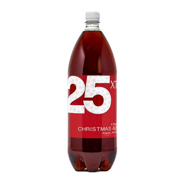 Bottle of XT Brewing Co XT25 Christmas ale with a red label featuring the number 25 on a white background