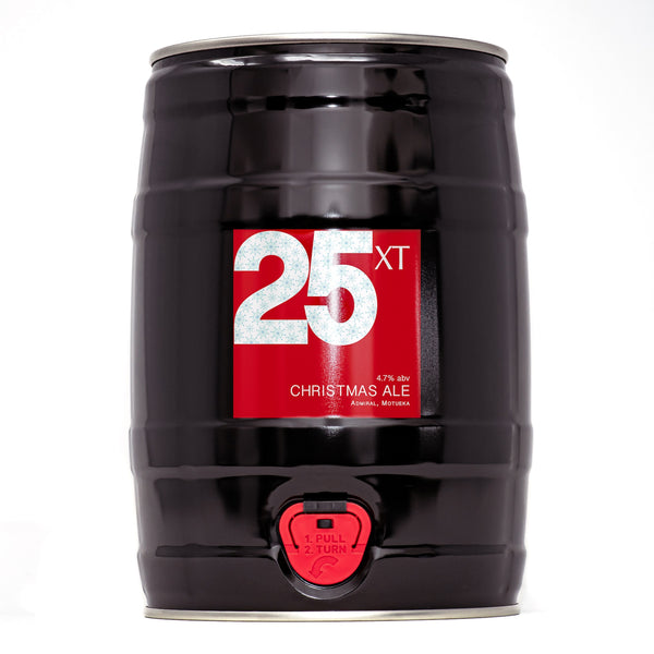 A black metal 5-Litre Mini-Keg of XT Brewing Co XT25 Christmas Ale with a red label and the number 25 in white.