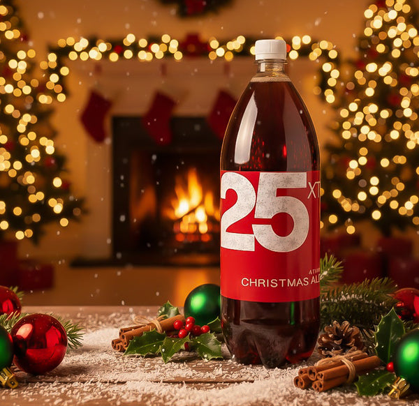 XT Brewing Co XT25 Christmas Ale Dark Red 2-Litre Plastic Bottle with a fireplace and golden lights Christmasy background.