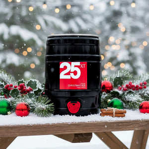 XT Brewing Co XT25 Christmas Ale Black 5-Litre Mini-Can with a snowy Christmasy backdrop. 