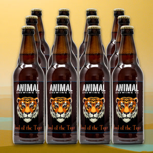 A square image with a yellow background showing 12 brown glass bottles of XT Brewing Co's Soul of the Tiger beer featuring a tiger's face.